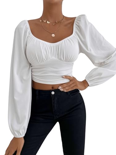 GORGLITTER Langarmshirt Damen Bauchfreies Crop Shirt Slim Fit Oberteil Elegant Langarmtop mit Laternenärmeln Weiß M von GORGLITTER