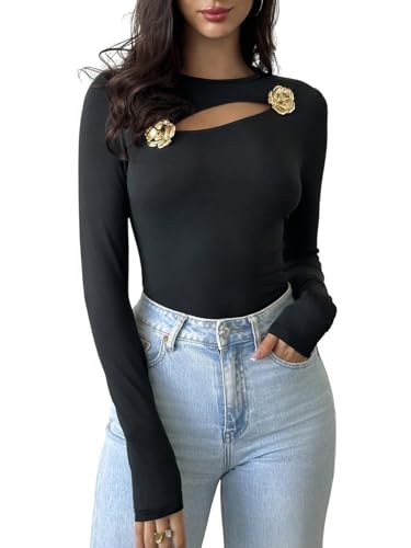 GORGLITTER Langarmshirt Damen Elegant Langarm T-Shirt mit Rundkragen Cut Outs Causalshirt mit 3D Blumen Slim Fit Lässig Oberteile Herbst Schwarz XS von GORGLITTER