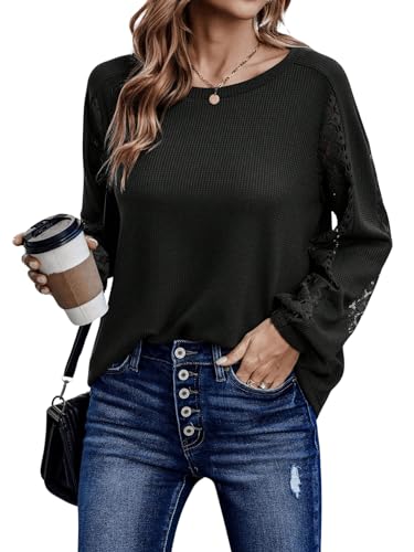 GORGLITTER Langarmshirt Damen Elegant Mit Spitze Langarm Spitzen Oberteil Spitzen Top Locker Spitzenshirt Herbst Schwarz L von GORGLITTER