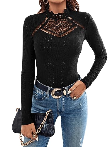 GORGLITTER Langarmshirt Damen Elegant Mit Spitze Oberteil Mit Stehkragen Spitzentop Langarm Shirt Mit Spitze Schwarz XS von GORGLITTER