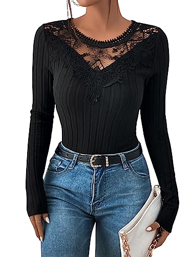 GORGLITTER Langarmshirt Damen Elegant Mit Spitze Rippenstrick Oberteil Spitzenshirt Durchsichtige Spitzen Top Schwarz XS von GORGLITTER