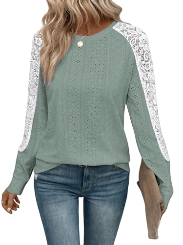 GORGLITTER Langarmshirt Damen Elegant Mit Spitze T Shirt Mit Öse Stickerei Spitzen Oberteile Grün M von GORGLITTER