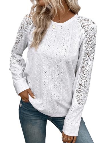 GORGLITTER Langarmshirt Damen Elegant Mit Spitze T Shirt Mit Öse Stickerei Spitzen Oberteile Weiß XL von GORGLITTER