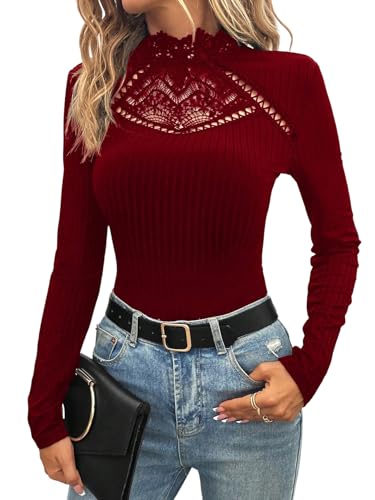 GORGLITTER Langarmshirt Damen Elegant Stickerei Blusen Mit Spitze Langarm Oberteil Mit Stehkragen Spitzentop Slim Fit Freizeitshirt Bordeaux L von GORGLITTER