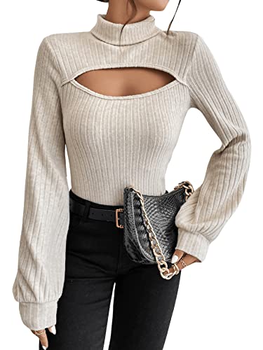 GORGLITTER Langarmshirt Damen Elegant Strickpullover Cut Outs Pullover Mit Stehkragen Ausschnitt Oberteil Sexy Top Bluse Mit Laternenärmeln Aprikosenfarben S von GORGLITTER