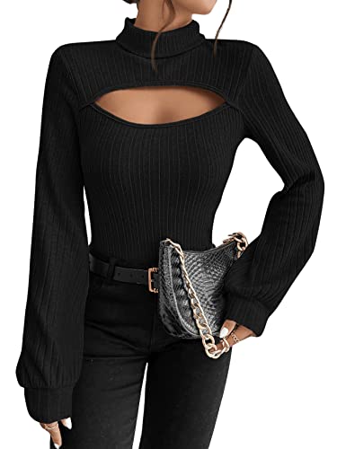 GORGLITTER Langarmshirt Damen Elegant Strickpullover Cut Outs Pullover Mit Stehkragen Ausschnitt Oberteil Sexy Top Bluse Mit Laternenärmeln Schwarz L von GORGLITTER