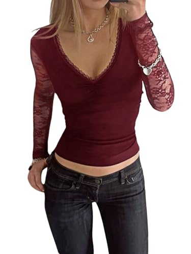 GORGLITTER Langarmshirt Damen Elegant Y2k Crop Tops Langarm Spitzen Blusenshirt Stretchtop Spitzentop Party Oberteile Casualshirt mit V Ausschnitt Bordeaux L von GORGLITTER
