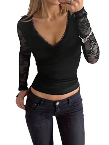 GORGLITTER Langarmshirt Damen Elegant Y2k Crop Tops Langarm Spitzen Blusenshirt Stretchtop Spitzentop Party Oberteile Casualshirt mit V Ausschnitt Schwarz XS von GORGLITTER