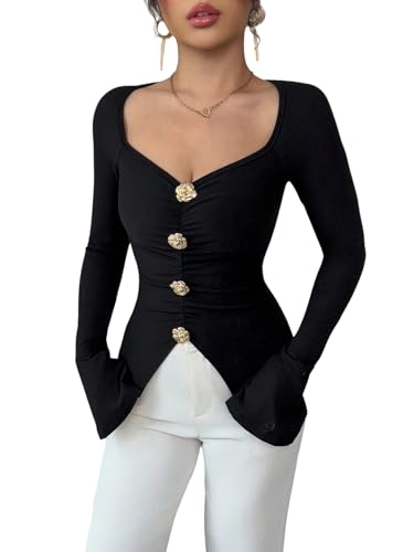 GORGLITTER Langarmshirt Damen Eng Elegant Slim Fit Langarm Tshirt mit Herzausschnitt Figurbetontes Top mit Blumen Knopf Asymmetrisch Oberteile Schwarz XL von GORGLITTER