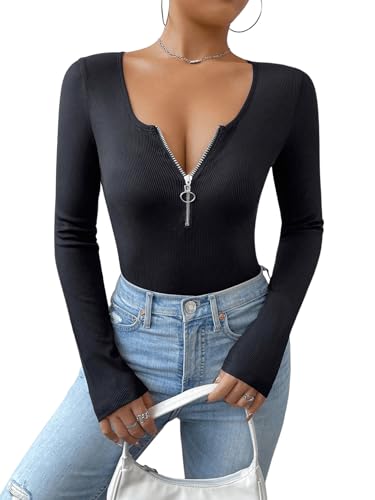 GORGLITTER Langarmshirt Damen Eng Mit Reißverschluss Figurbetontes T-Shirt Rippenstrick Oberteil U Ausschnitt Top Schwarz S von GORGLITTER