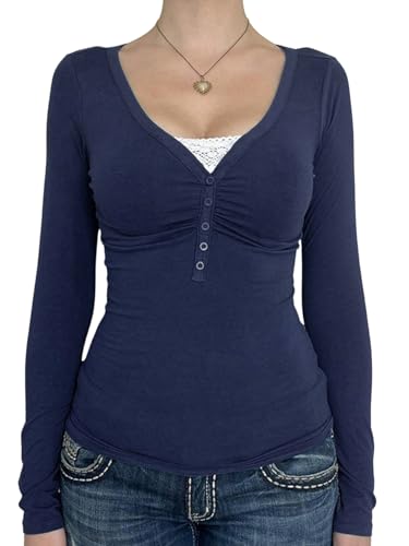 GORGLITTER Langarmshirt Damen Langarm T-Shirt mit V-Ausschnitt Henley Shirt mit Knopfleiste Slim Fit Casual Tops Lässig Oberteile Herbst Blau M von GORGLITTER