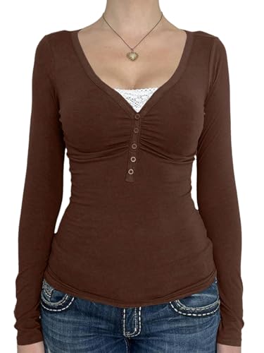 GORGLITTER Langarmshirt Damen Langarm T-Shirt mit V-Ausschnitt Henley Shirt mit Knopfleiste Slim Fit Casual Tops Lässig Oberteile Herbst Braun M von GORGLITTER