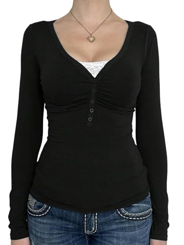 GORGLITTER Langarmshirt Damen Langarm T-Shirt mit V-Ausschnitt Henley Shirt mit Knopfleiste Slim Fit Casual Tops Lässig Oberteile Herbst Schwarz S von GORGLITTER