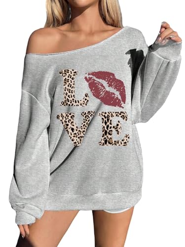 GORGLITTER Langarmshirt Damen Off Shoulder Oberteil Oversized Pullover Langarm Pullover Lässige Sweatshirt Basic Schulterfreies Shirts Herbst Hellgrau L von GORGLITTER