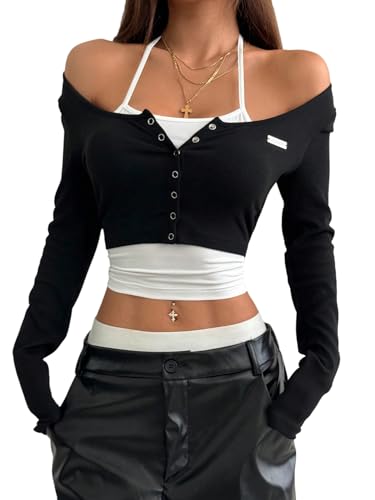 GORGLITTER Langarmshirt Damen Y2k Neckholder Top Crop T Shirt Zweiteiler Farbblock Langarm Oberteil Mit Knöpfen Herbst Outfit Schwarz und Weiß XL von GORGLITTER