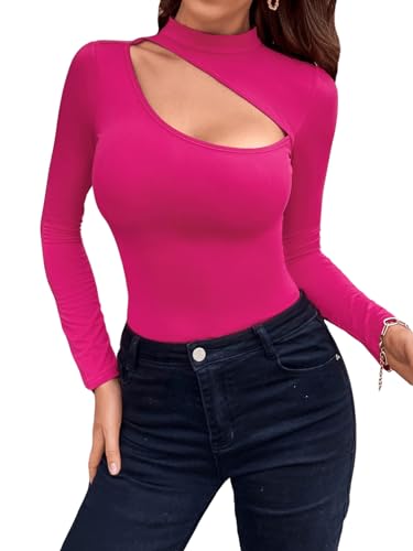 GORGLITTER Langarmshirt Mit Cut Out Damen T-Shirt Mit Ausschnitt Oberteile Sexy Top Langarm Heißes Pink M von GORGLITTER