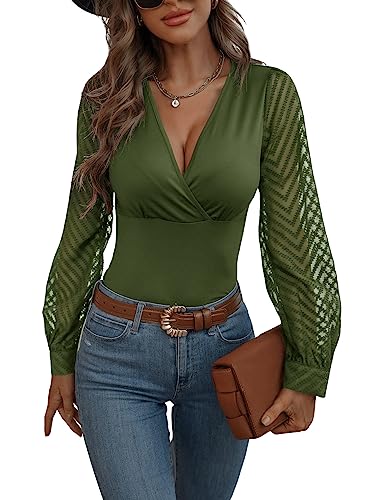 GORGLITTER Langarmshirt Mit V Ausschnitt Damen Mesh Oberteil Langarm Wickeltop Elegant Netzstoff Shirt Armeegrün M von GORGLITTER