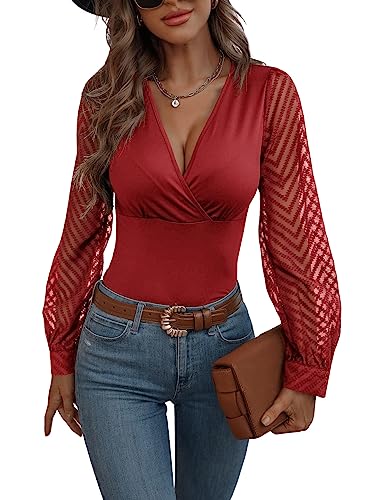 GORGLITTER Langarmshirt Mit V Ausschnitt Damen Mesh Oberteil Langarm Wickeltop Elegant Netzstoff Shirt Rot XL von GORGLITTER