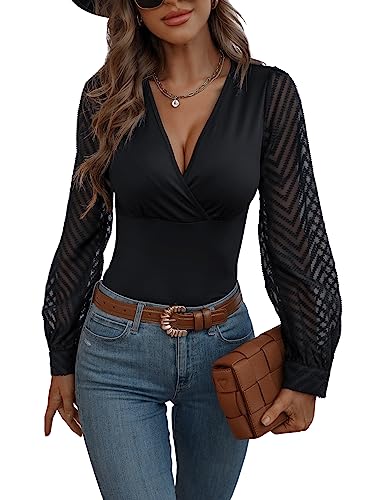 GORGLITTER Langarmshirt Mit V Ausschnitt Damen Mesh Oberteil Langarm Wickeltop Elegant Netzstoff Shirt Schwarz M von GORGLITTER