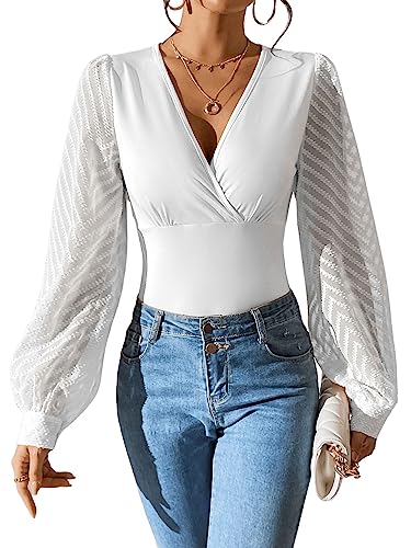 GORGLITTER Langarmshirt Mit V Ausschnitt Damen Mesh Oberteil Langarm Wickeltop Elegant Netzstoff Shirt Weiß S von GORGLITTER