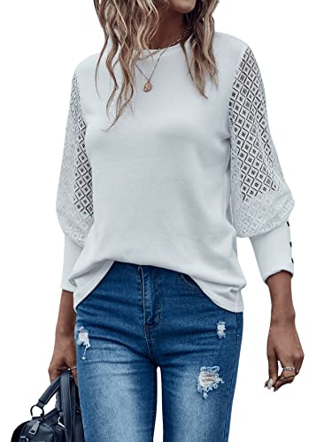 GORGLITTER Spitzen Oberteile Damen Bluse Spitzenärmel Elegant Tunika Spitzentop Blusen Langarm Oberteil mit Bischofärmeln Weiß L von GORGLITTER