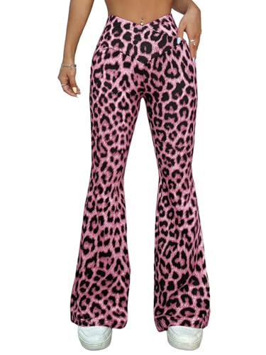 GORGLITTER Lange Hose Damen Schlaghose mit Leopardmuster Winter Oufit Party Hosen Casualhose Elastische Bund Stoffhose Straßewear Rosa S von GORGLITTER