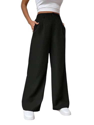 GORGLITTER Lange Hose Damen Straight Hose Elegant Palazzo Pants Breites Beinen Büro Hosen mit Reißverschluss Schwarz L von GORGLITTER