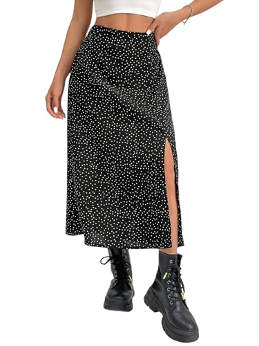 GORGLITTER Langer Rock Damen Mit Schlitz Sommerrock Mit Polkadots Maxirock Boho Röcke Hohe Taille Rock Mit Gummizug Freizeitrock Schwarz XS von GORGLITTER