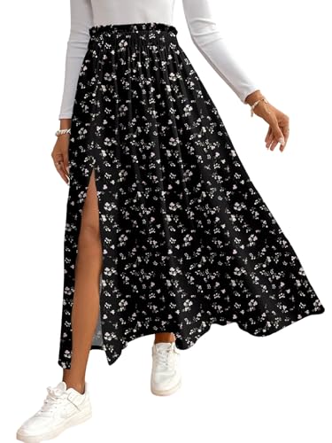 GORGLITTER Langer Rock Damen Winter Rock Mit Schlitz Maxirock Boho Rock Blumenrock Strandrock Freizeitrock Mit Blümchenmuster Herbstrock Schwarz M von GORGLITTER