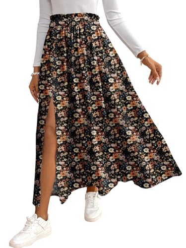 GORGLITTER Langer Rock Damen Winter Rock Mit Schlitz Maxirock Boho Rock Blumenrock Strandrock Freizeitrock Mit Blümchenmuster Herbstrock Schwarz und Gelb L von GORGLITTER