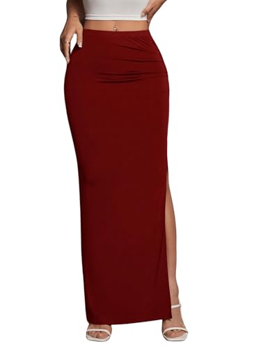 GORGLITTER Langer Rock Mit Schlitz Damen Elegant Mit Rüschen Freizeitrock Geraffter Maxirock Bordeaux M von GORGLITTER