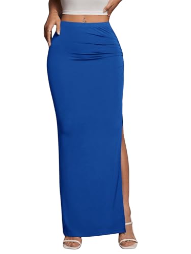 GORGLITTER Langer Rock Mit Schlitz Damen Elegant Rock Mit Rüschen Freizeitrock Geraffter Rock Maxirock Blau M von GORGLITTER