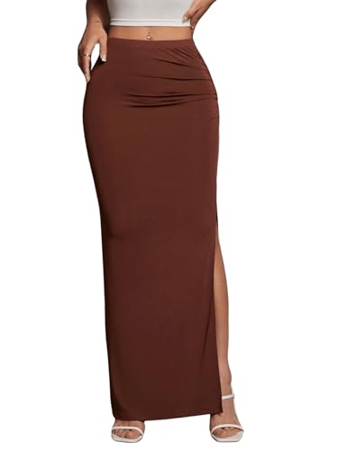 GORGLITTER Langer Rock Mit Schlitz Damen Elegant Rock Mit Rüschen Freizeitrock Geraffter Rock Maxirock Kaffeebraun XXS von GORGLITTER