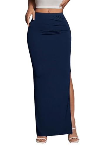GORGLITTER Langer Rock Mit Schlitz Damen Elegant Mit Rüschen Freizeitrock Geraffter Maxirock Marineblau XXS von GORGLITTER