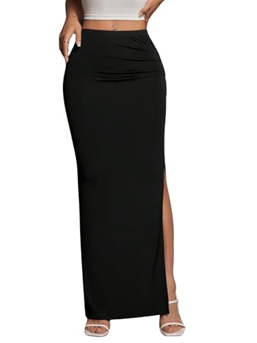 GORGLITTER Langer Rock Mit Schlitz Damen Elegant Mit Rüschen Freizeitrock Geraffter Maxirock Schwarz M von GORGLITTER