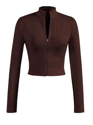 GORGLITTER Laufjacke Damen Dünn Leicht Sommerjacke Mit Reißverschluss Cropped Jacke Langarm Enge Sportjacke Herbstjacke Slim Fit Jacke Rostbraun XS von GORGLITTER