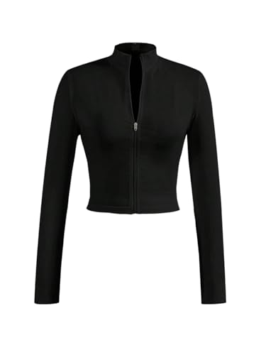 GORGLITTER Laufjacke Damen Dünn Leicht Sommerjacke Mit Reißverschluss Cropped Jacke Langarm Enge Sportjacke Herbstjacke Slim Fit Jacke Schwarz S von GORGLITTER