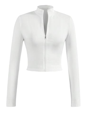 GORGLITTER Laufjacke Damen Dünn Leicht Sommerjacke Mit Reißverschluss Cropped Jacke Langarm Enge Sportjacke Herbstjacke Slim Fit Jacke Weiß XS von GORGLITTER