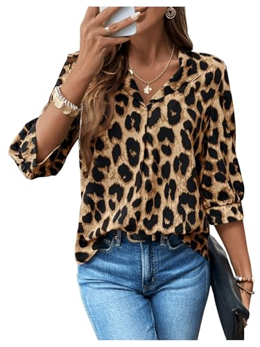 GORGLITTER Leo Bluse Damen Langarm Oberteil Mit Leopardenmuster Bluse Bluse Mit 3/4 Arm Langarmshirt Herbst Winter Blusen Braun XL von GORGLITTER