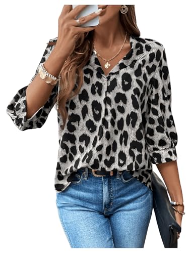 GORGLITTER Leo Bluse Damen Langarm Oberteil Mit Leopardenmuster Bluse Bluse Mit 3/4 Arm Langarmshirt Herbst Winter Blusen Grau L von GORGLITTER