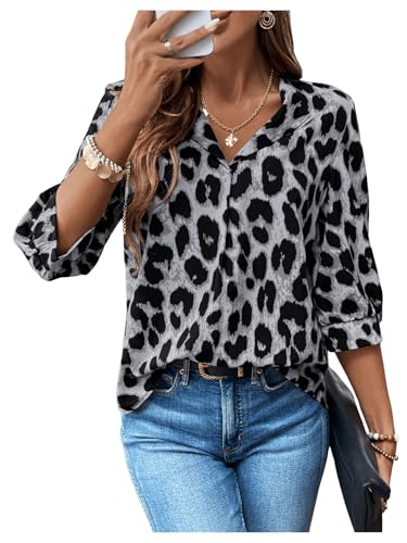 GORGLITTER Leo Bluse Damen Langarm Oberteil Mit Leopardenmuster Bluse Bluse Mit 3/4 Arm Langarmshirt Herbst Winter Blusen Leo Grau S von GORGLITTER