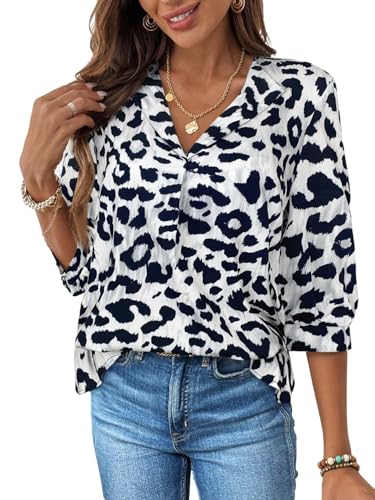 GORGLITTER Leo Bluse Damen Langarm Oberteil Mit Leopardenmuster Bluse Bluse Mit 3/4 Arm Langarmshirt Herbst Winter Blusen Schwarz und Weiß XL von GORGLITTER