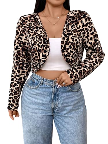 GORGLITTER Leo Bolero Jacke Damen Große Größen Kurz Damenjacke Crop Strickjacke Mit Leo Print Winterjacke Leichte Jacke Langarm Oberteile Leoparden 0XL von GORGLITTER