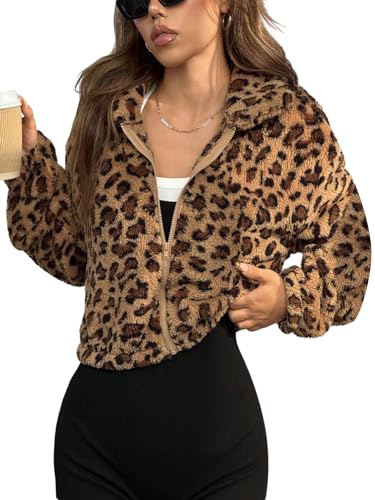 GORGLITTER Leo Jacke Damen Teddyjacke Winter Fleecejacke Mit Leo Print Kuscheljacke Flauschig Kurzjacke Mit Reißverschluss Cropped Teddyfleece Winterjacke Leopardenparden S von GORGLITTER