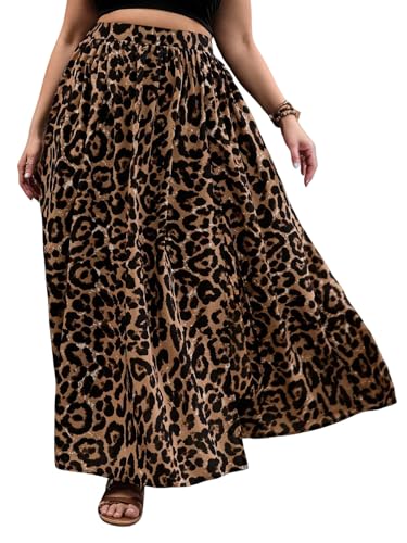 GORGLITTER Leo Rock Damen Lang Große Größen Rock Mit Schlitz Maxirock Mit Leopardenmuster Winter Freizeitrock Herbstrock Festival Outfit Leopardenparden 3XL von GORGLITTER