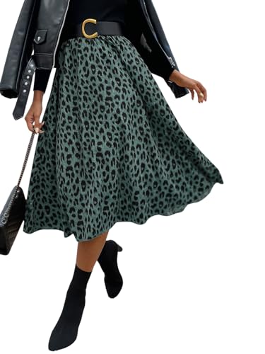 GORGLITTER Leo Rock Damen Lang Maxirock Leoparden Rock Festival Outfit Partyrock High Waist Herbst Winter Röcke Business Outfit Dunkelgrün M von GORGLITTER