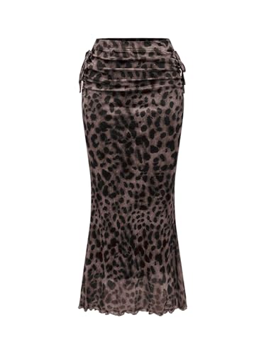GORGLITTER Leo Rock Damen Lang Mesh Rock Mit Leopardenmuster Midirock High Waist Festival Outfit Geraffte Röcke Partyrock Winter Outfit Schwarz S von GORGLITTER