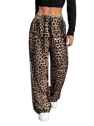 GORGLITTER Leoparden Hose Damen Y2K Weitem Bein Hose mit Hoher Taille Gestreifte Lounge Hosen Locker Casualhose mit Tunnelzug Leoprint Jogginghose Leopardenparden S von GORGLITTER