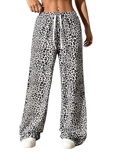 GORGLITTER Leoparden Hose Damen Y2K Weitem Bein Hose mit Hoher Taille Gestreifte Lounge Hosen Locker Casualhose mit Tunnelzug Leoprint Jogginghose Weiß XS von GORGLITTER