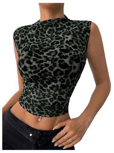 GORGLITTER Leoparden Oberteile Damen Durchsichtig Netzoberteil Tops Festival Oberteil Crop Top für Outfit Party T-Shirt Armeegrün L von GORGLITTER